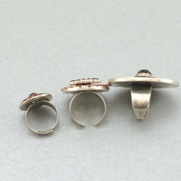 3 Adjustable Costume Rings Red Purple Silvertone Sparkly Ornate Boho Rhinestone - Picture 8 of 13